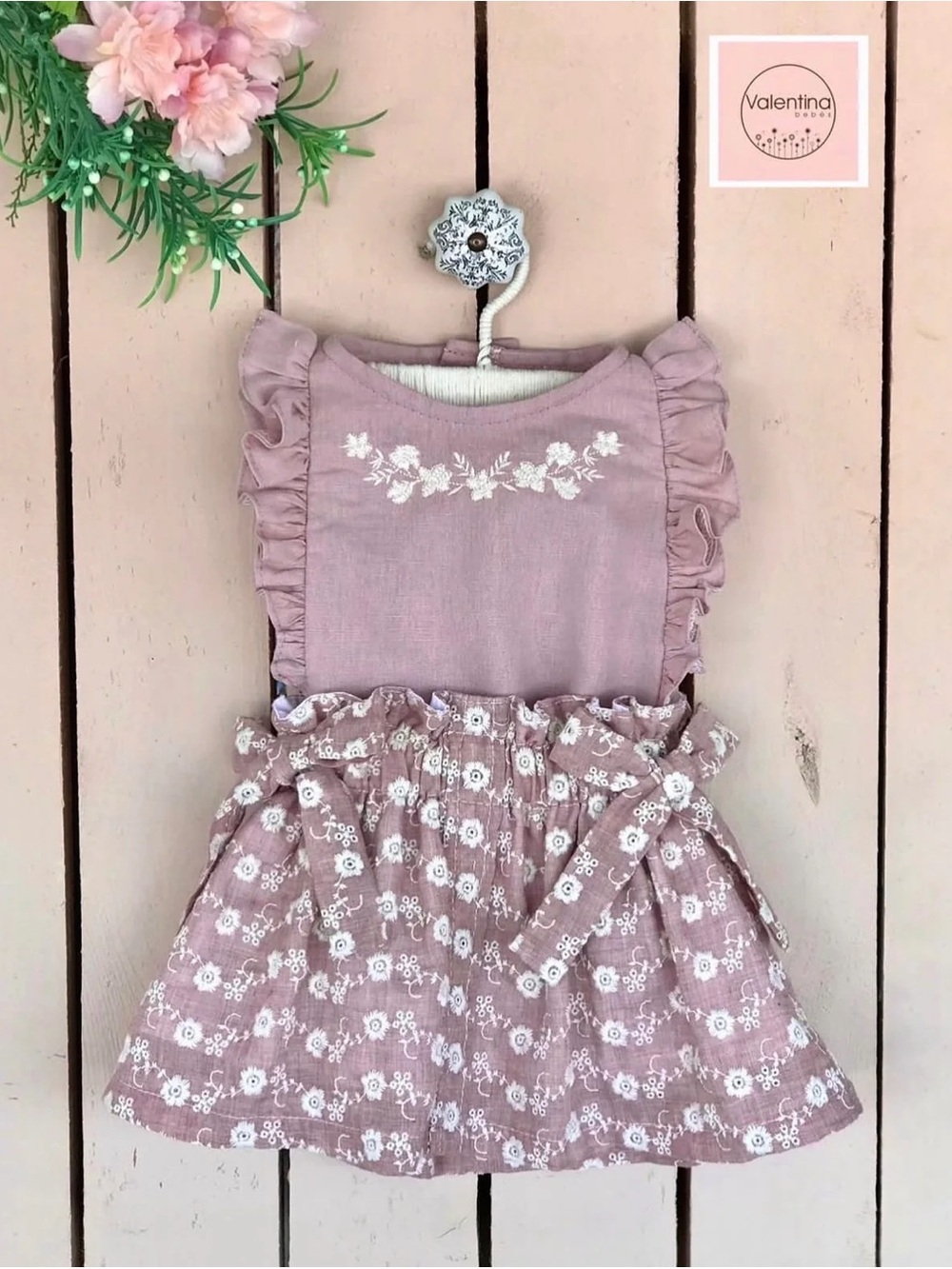 Valentina Dusty Pink Floral Embroidered Girls Skirt Set